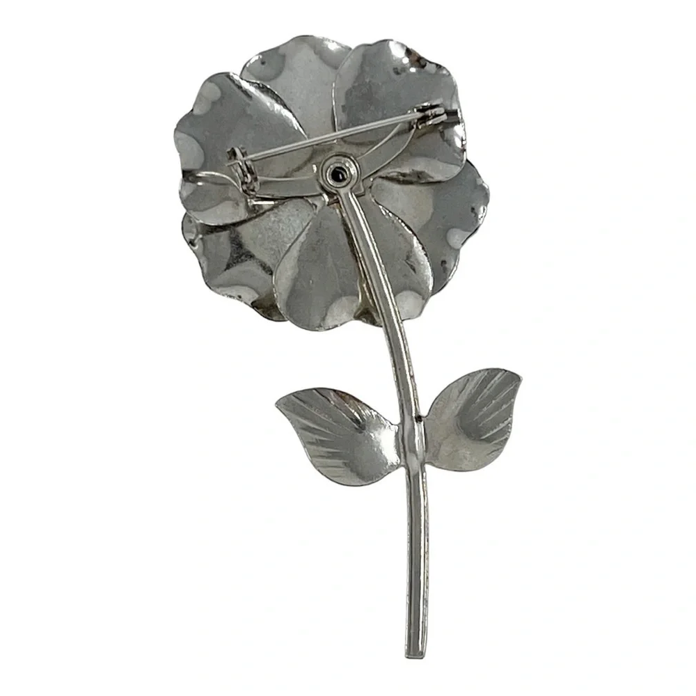 Vintage Silver Tone Rose Brooch, Retro Long Steam